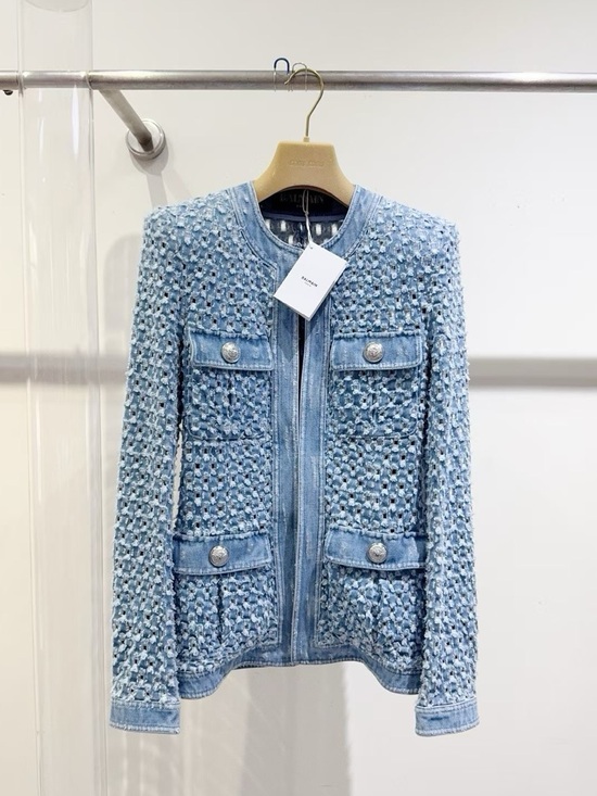 Balmain Jackets & Blazers - Balmain Light Blue Textured Denim-Trim Jacket